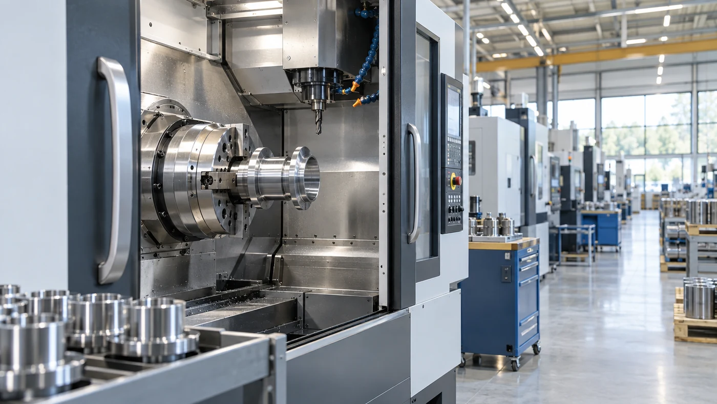 KI-generiertes Branchenmotiv: CNC-Maschine in einer Fertigungshalle