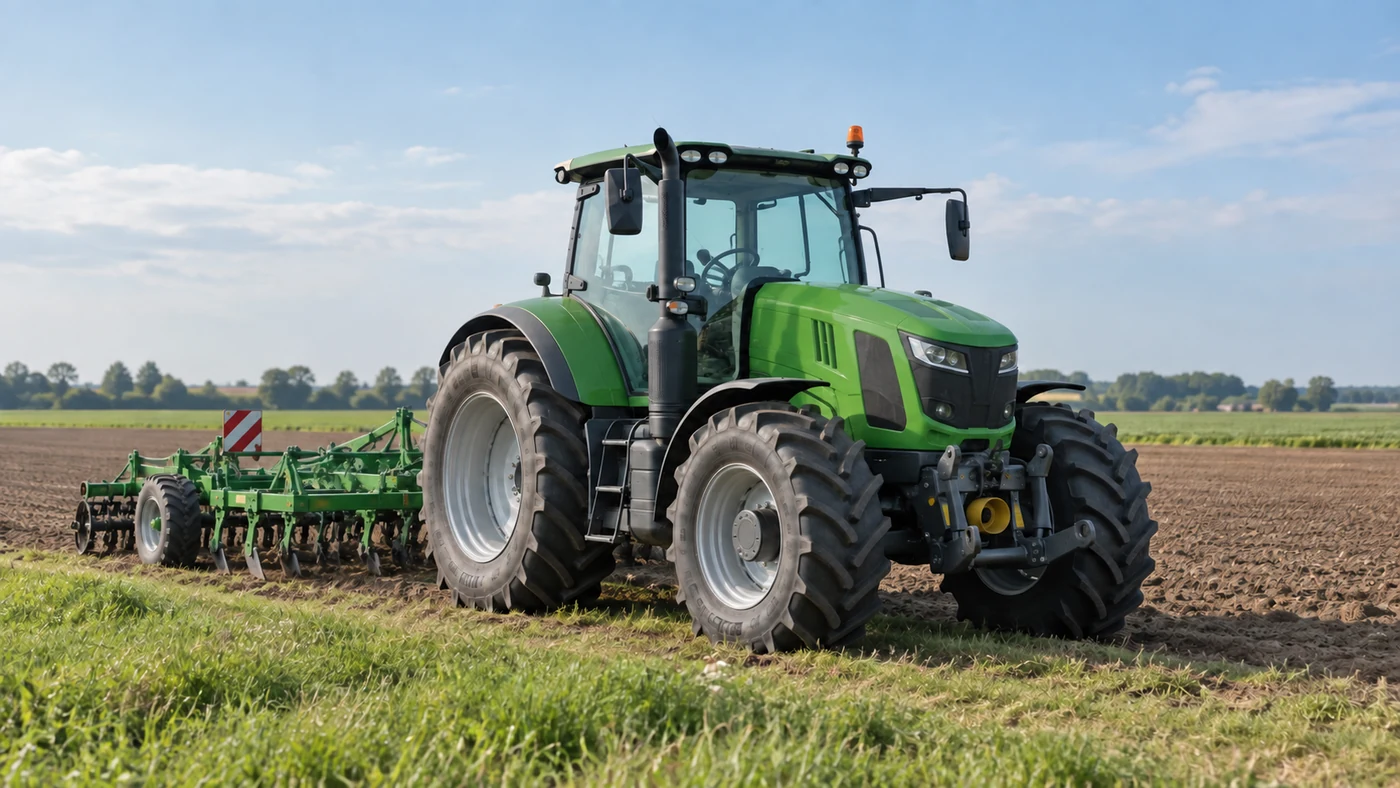 KI-generiertes Branchenmotiv: Traktor mit Anbaugerät auf einem Acker